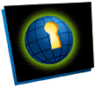 [Web Access Symbol] A globe,marked with a  grid, tilts at an angle. A keyhole is cut into  its surface. 
