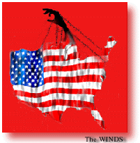 flag shaped like the US with hand coming
out